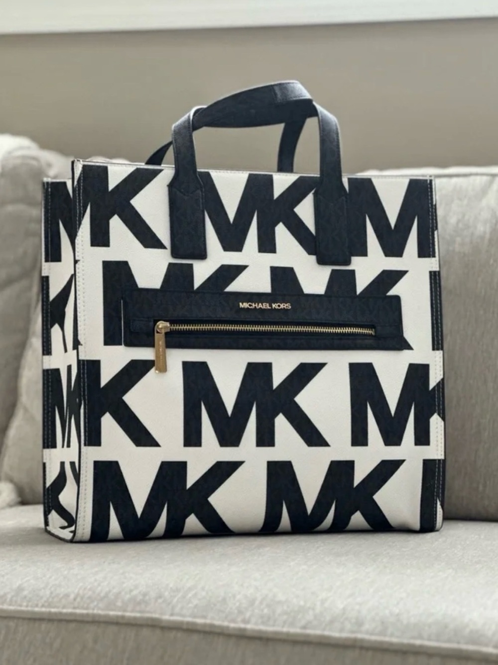 Michael Kors Black and White MK Logo Square Tote